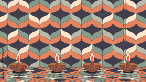 Four diya lamps with flames on a patterned floor against a retro patterned background design style