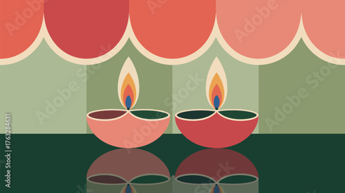 Two stylized diya lamps with flames reflected on a dark surface against a geometric background design
