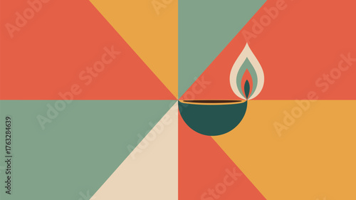 Stylized diwali lamp with colorful triangular background in shades of orange green and yellow tones
