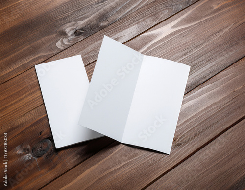 Set of blank menu and tri-fold brochure mockups on wooden table for restaurant branding and advertising