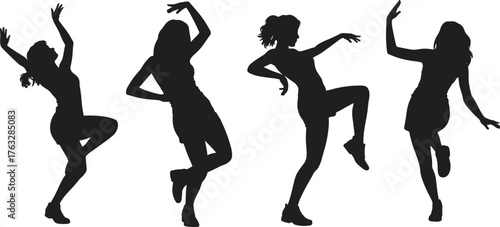 Dancing people silhouettes, energetic dance poses, modern choreography movement, performing arts illustration, body rhythm vector, lifestyle expression, creative posture design