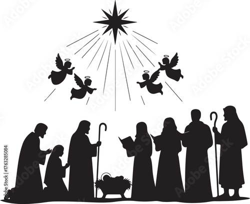 Nativity scene silhouette with angels and star Christmas