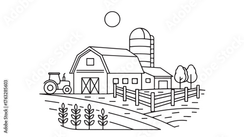 A simple line drawing of a farm scene with a barn, silo, tractor, and fields under a bright sun.