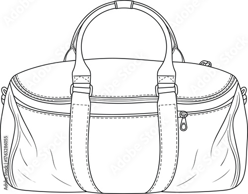 Duffel bag vector illustration, detailed line drawing, fashion CAD design, travel luggage accessory, stylish apparel element, modern technical flat sketch
