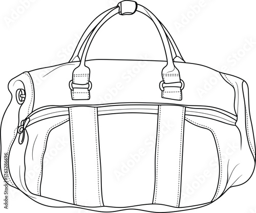 Duffel bag vector illustration, detailed line drawing, fashion CAD sketch, travel luggage design, stylish accessory, modern apparel element, technical flat design