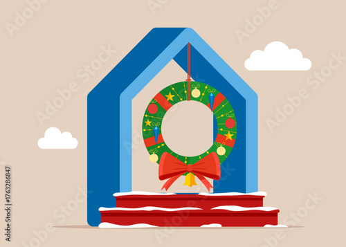 Christmas wreath in house. Snow and fir. Vector flat illustration