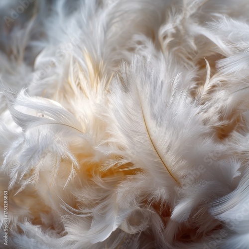 Close-up of soft white feathers creating a textured background with gentle light and airy feel for design elements