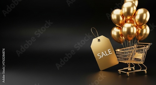 Golden shopping cart filled with balloons and a sale tag against a dark background.