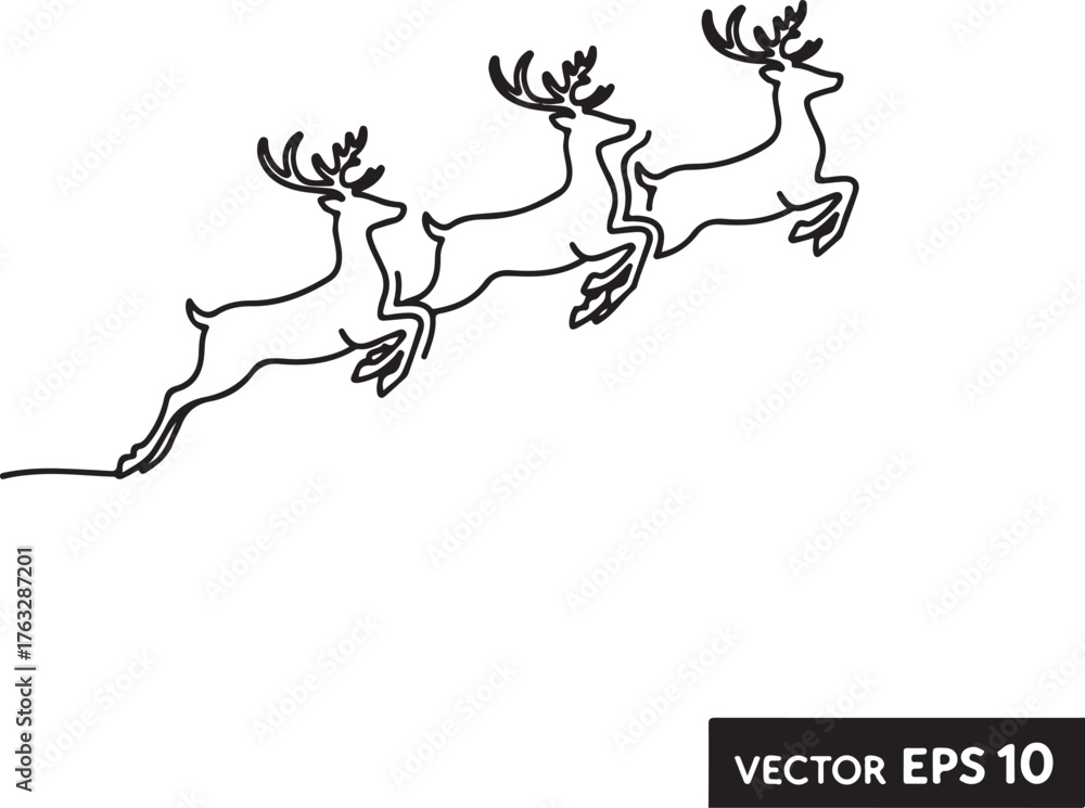 Fototapeta premium Three leaping reindeer outline vector illustration
