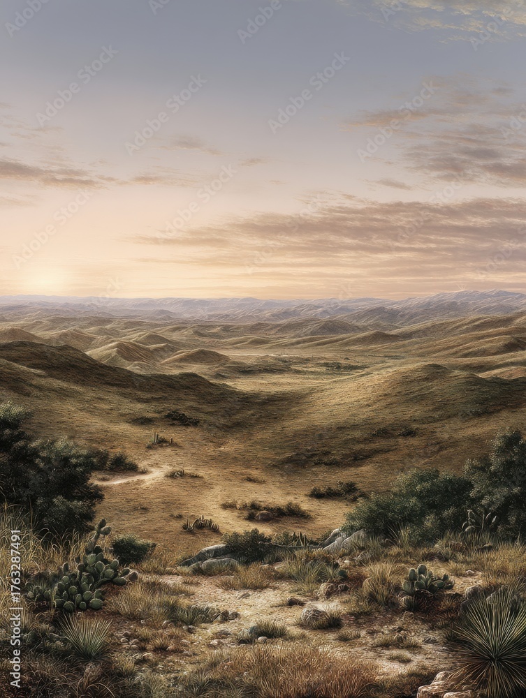 Fototapeta premium Desert vista at sunrise landscape view of rolling hills and arid terrain with cacti and scrub brush in the American Southwest