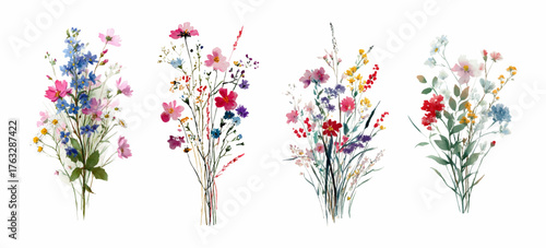 Watercolor bouquets of fragrant flowers. Meadow and wild flowers in a bouquet. Summer village flowers. Natural floral elements. Romantic flowers and herbs in a bouquet.