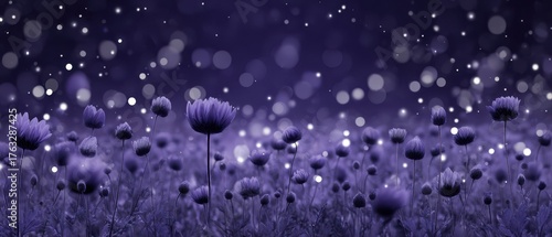 Dreamy Purple Flower Field Glowing with Bokeh Lights in a Magical Night Scene Landscape