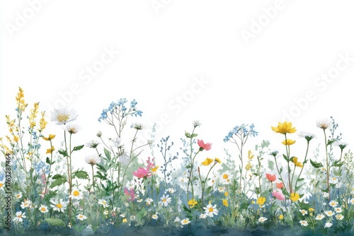 Watercolor meadow of wildflowers painting illustration featuring daisies buttercups and other colorful blossoms