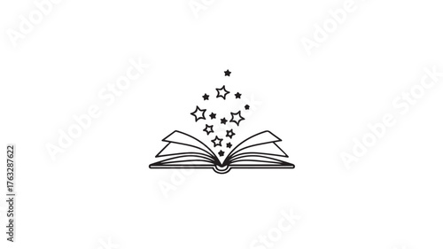 Magical open book releasing stars and dreams into the night sky