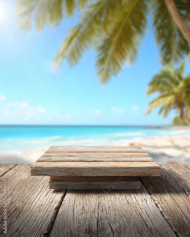 Fototapeta premium Wooden platform display on tropical beach with palm trees and ocean view summer vacation product placement