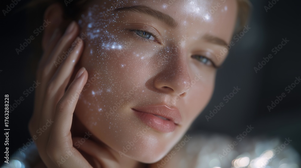 Naklejka premium Close-up of AI holographic display scanning skin texture with glowing data points, emotion of fascination and hope visible, symbolizing advanced skincare technology, machine learning in beauty, and