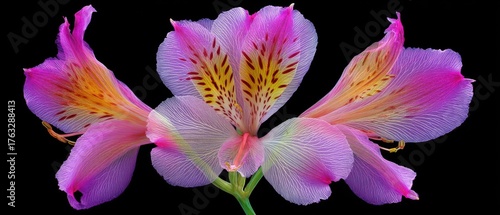 Striking alstroemeria flower blooms in full vibrant color against stark black backdrop macro botanical study floral art