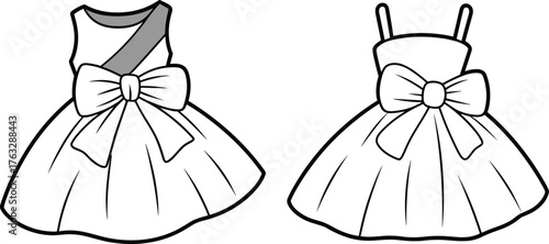 Girls’ dress vector illustration, sleeveless and strap design, bow waist and flared skirt, kids fashion CAD drawing, children’s apparel flat sketch