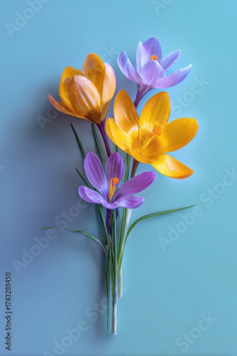 Spring Crocus Flowers Still Life Arrangement Flat Lay on Blue Background Studio Shot Floral Design Easter Theme