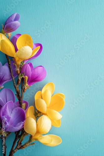 Spring Crocus Flowers in Yellow and Purple on Light Blue Background Top View Studio Shot
