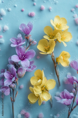 Floral Still Life of Yellow and Purple Flowers on Blue Textured Background Top-Down Flat Lay for Springtime Aesthetic