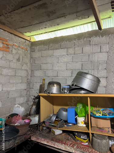 Cluttered Rustic Kitchen Storage Area