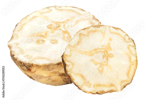 halved celeriac presenting its textured interior and earthy tones, suggesting organic farming, rustic cuisine, and the natural beauty of root vegetables on display