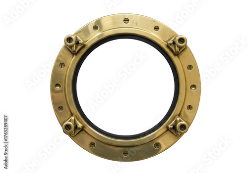 Isolated ornate antique brass ship porthole on a light backdrop for marine design work