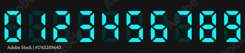 LED digital board Electronic style. Display information set scoreboard with digits from 0 to 9, Signages,Information Panels, Sports, Games, Data Boards, Schedules. Zero to Nine Cyan clock numbers