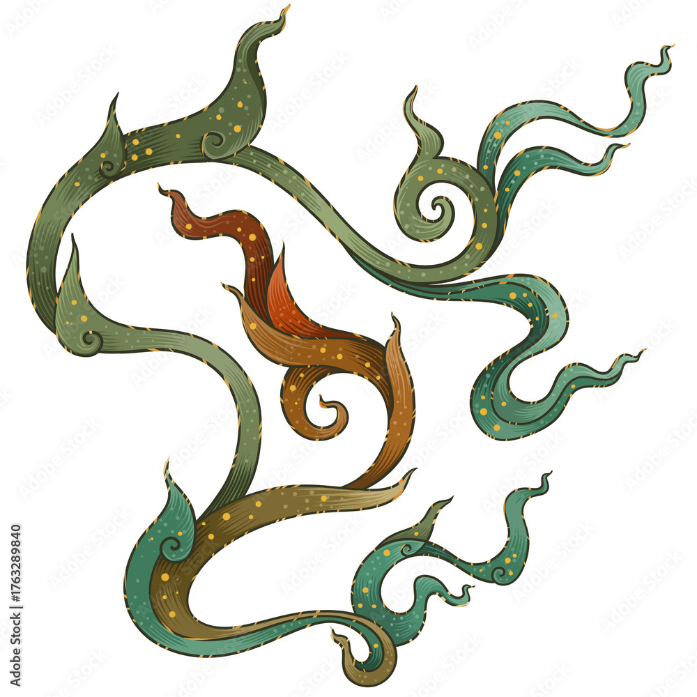 Obraz premium A traditional Thai decorative swirl with green and brown curved shapes accented by golden dots. The flowing design and organic symmetry make it perfect for cultural artwork and elegant craft designs..