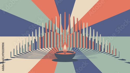 Stylized illustration of a candle flame with geometric shapes and radiating color patterns
