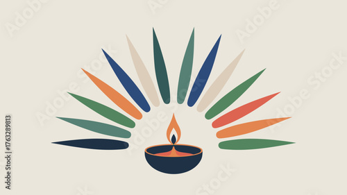 Illustration of a lit diya with colorful rays emanating from it on a cream colored background