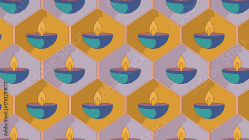 A repeating pattern of lit diyas in hexagonal frames with alternating background colors present here