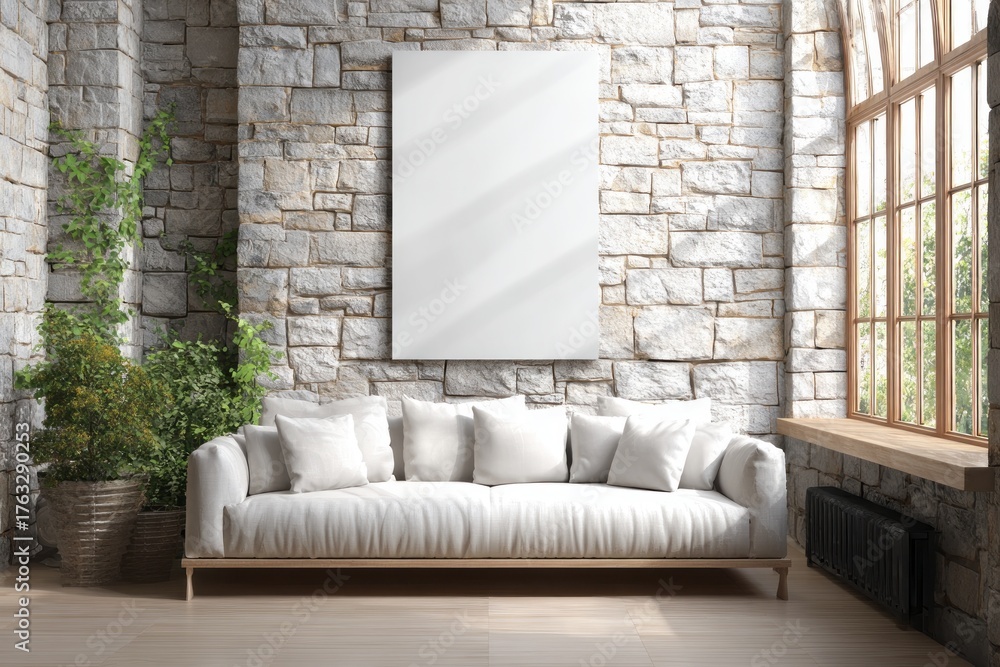 Naklejka premium Comfortable sofa in a rustic room with stone walls and large window.