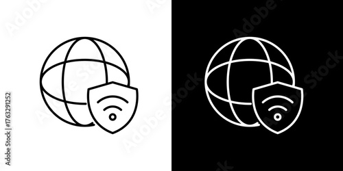 Global network security and internet protection shield icon on white and black backgrounds