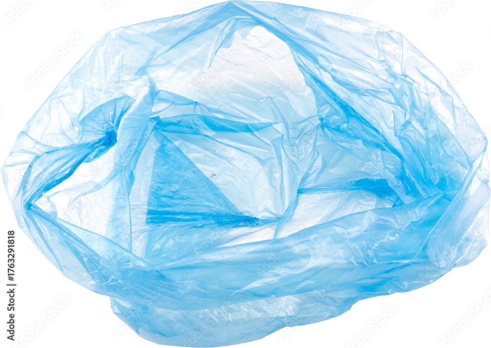 Fototapeta premium An empty blue plastic bag on a white background.