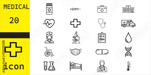 Collection of medical and healthcare icons representing health services and scientific research

