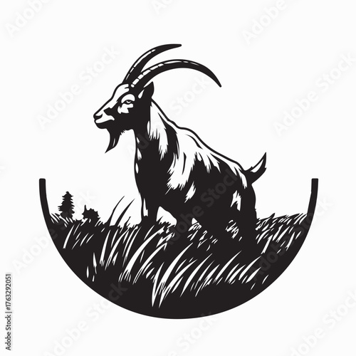 Goat Silhouette Logo with Grass Field Background