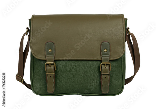 Isolated leather satchel bag with olive color and brown strap for carrying items daily