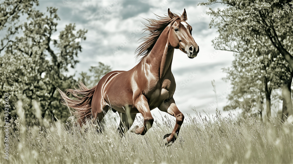 Obraz premium A brown horse gallops freely through a green meadow with trees in the background, expressing movement, freedom, and nature's vitality. Bright daylight scene with copy space.