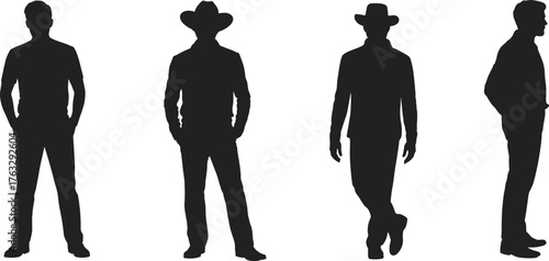 Men silhouettes illustration, standing male posture, cowboy hat figure, casual fashion vector, body language design, lifestyle concept, character modeling reference