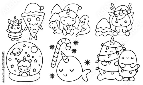 Christmas unicorn and friends, Cute Christmas unicorns and festive characters create joyful holiday scene filled with fun
