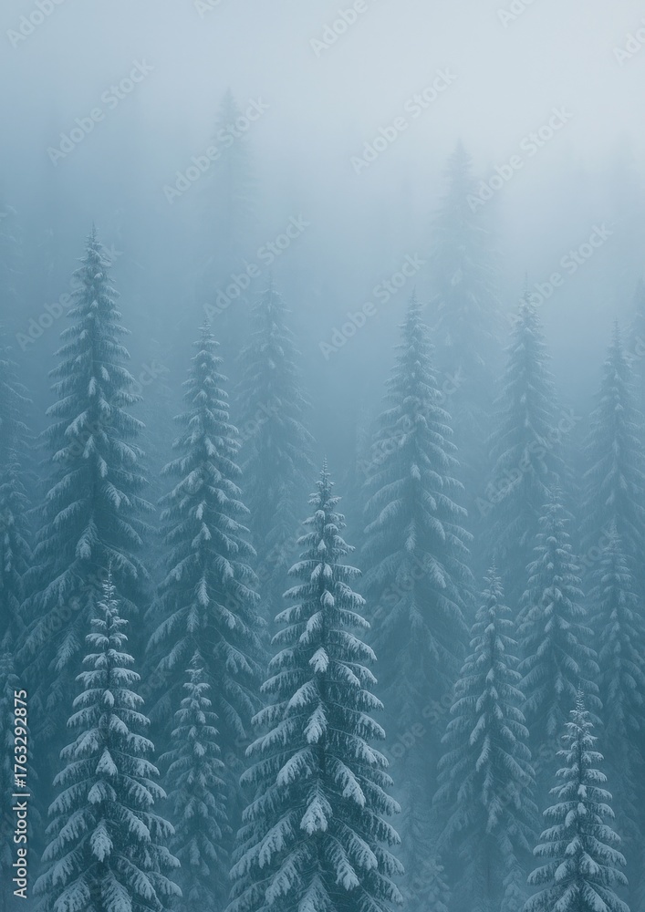 Fototapeta premium Misty forest with snow-covered trees.