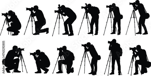 Photographer silhouette illustration, people using cameras on tripods in various poses, photography stances and techniques, black and white flat vector design