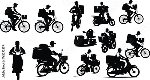Delivery rider silhouette illustration, courier on bicycle scooter and motorcycle with packages, urban logistics and shipping service, black and white flat vector design