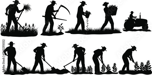 Farmer silhouette illustration, agriculture workers with tools and tractor, farming activities and harvest scenes, black and white flat vector design