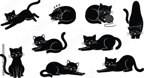 Cat silhouette illustration, sleeping and playful cats in various poses with yarn, feline behavior and posture, black and white flat vector design