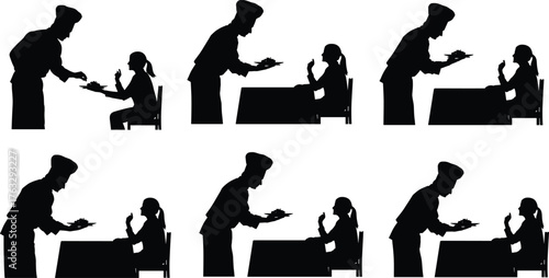 Flat vector, chef serving food, restaurant service, customer dining, waiter illustration, hospitality concept, meal presentation, culinary art, dining interaction, food illustration