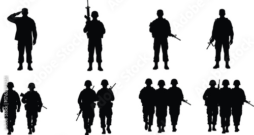 Flat vector, soldier silhouettes, army groups, military poses, rifle stance, marching formation, saluting soldiers, defense concept, combat training, tactical illustration