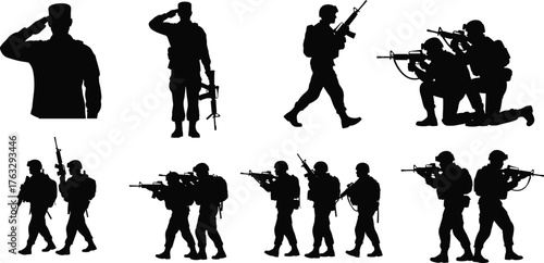 Flat vector, soldier silhouettes, military poses, army saluting, rifle aiming, combat training, marching troops, defense illustration, war concept, tactical action